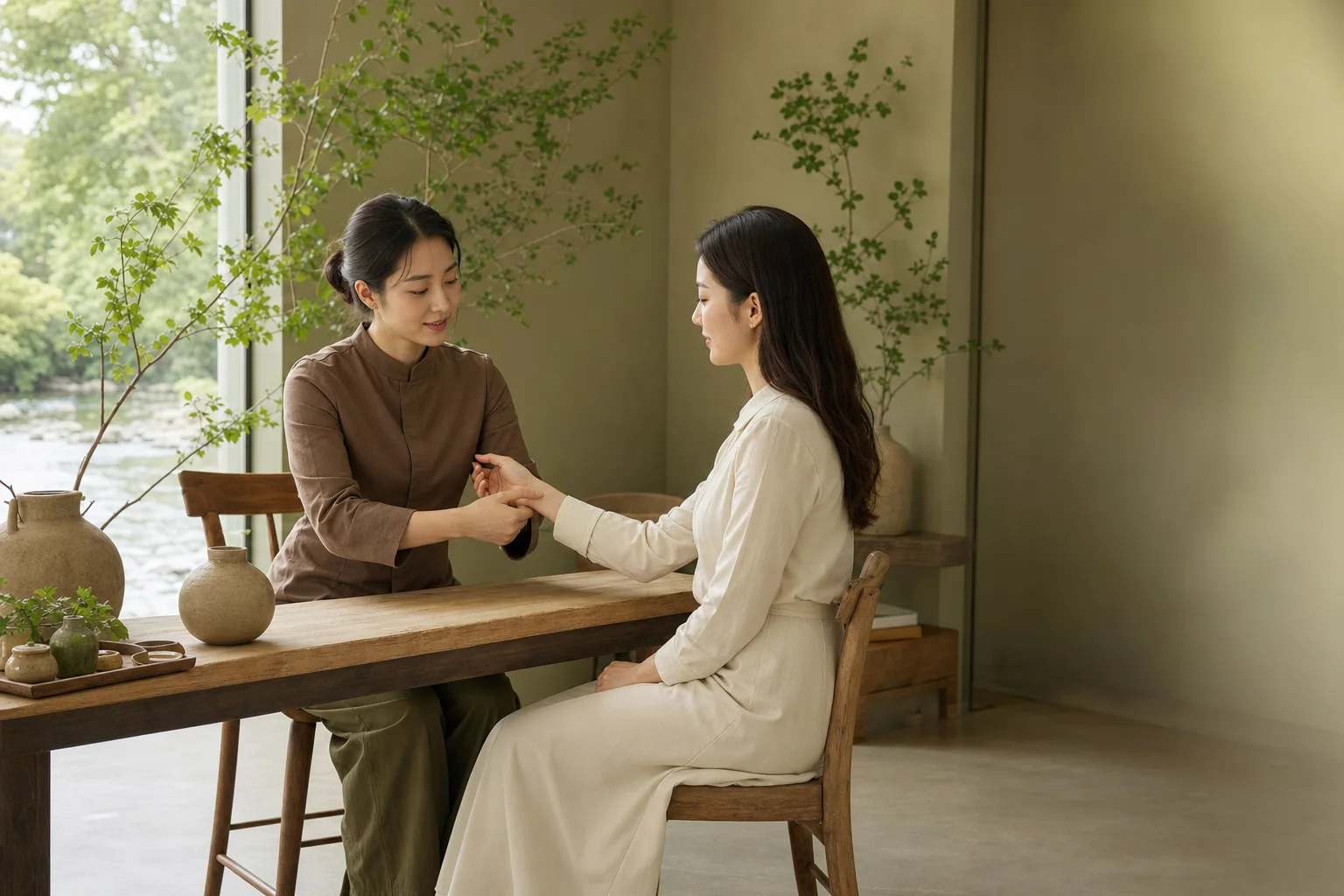 클레이 전문 관리복을 입은 20대 한국인 성인 여성 마사지사가 완전히 착의한 20대 한국인 성인 여성 고객의 손목을 관리하는 모습